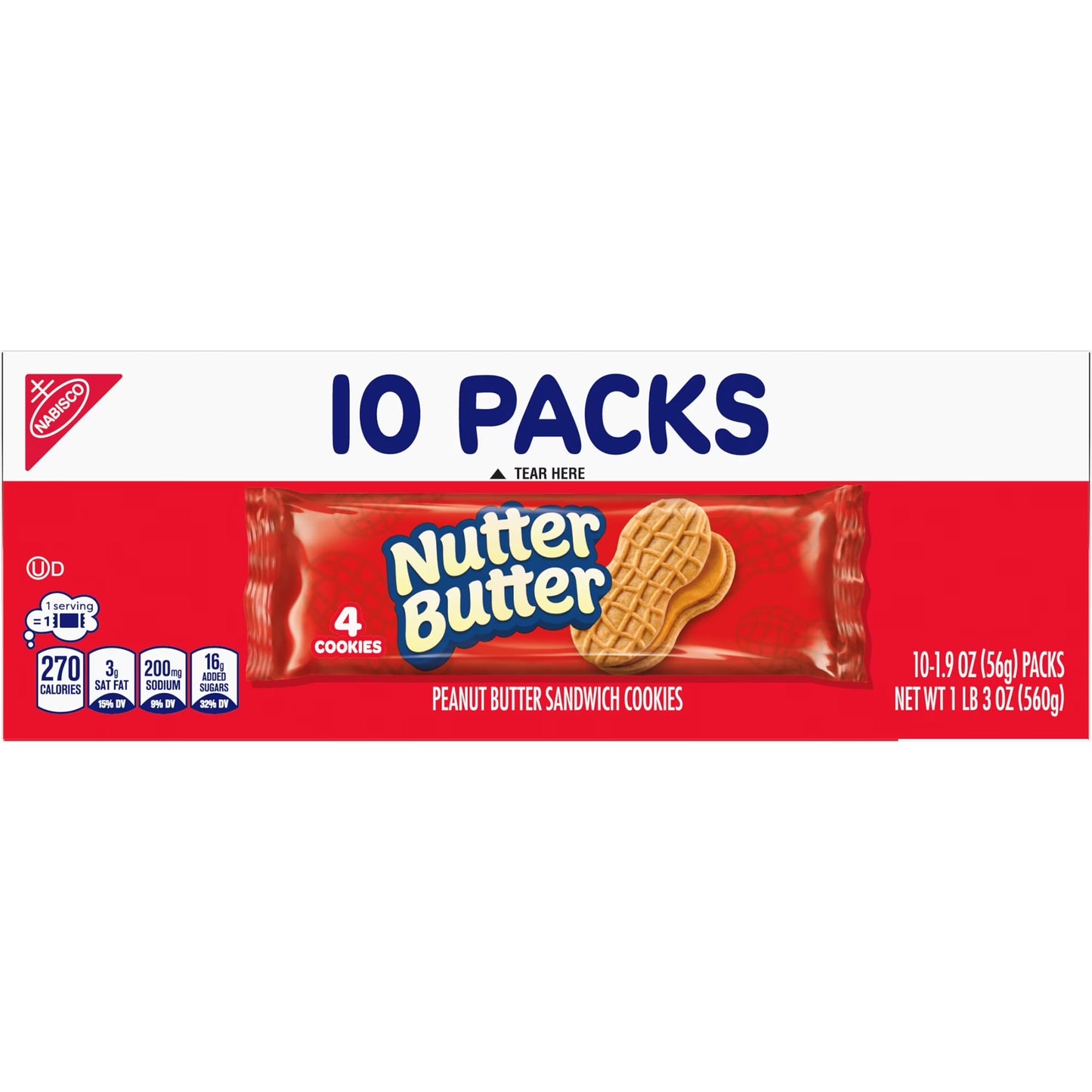 Nutter Butter Peanut Butter Sandwich Cookies, 10 Snack Packs (4 Cookies Per Pack)