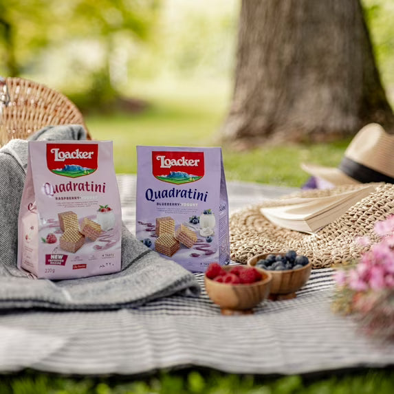 Loacker Quadratini Raspberry-Yogurt, Cream-Filled Bite-Size Wafer Cookies, 7.76 oz, Pack of 6