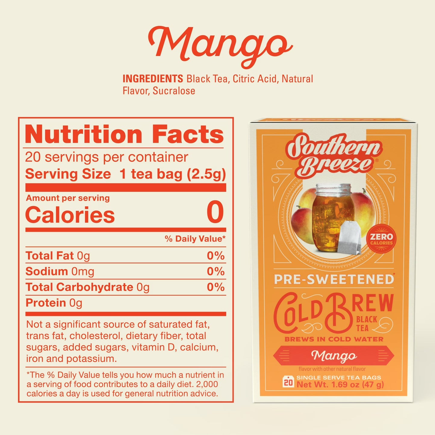 Southern Breeze Cold Brew Sweet Tea Mango Iced Tea with Black Tea and Zero Carbs Zero Sugar, 20 Individually Wrapped Tea Bags Southern Sweet Tea Iced Tea Beverage