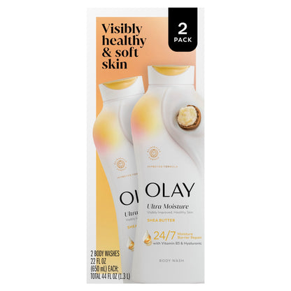 Olay Ultra Moisture Body Wash with Shea Butter, Vitamin B3 and Hyaluronic Blend, 22 fl oz, 2 Pack
