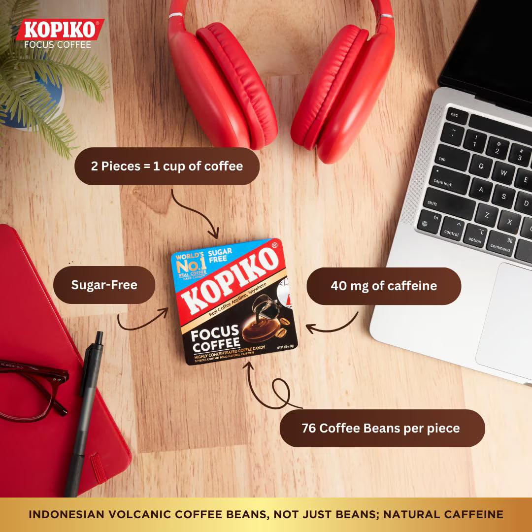Kopiko Focus Coffee Candy – Sugar-Free, Caffeinated Hard Candy for Energy & Mental Focus – 12 Candy Pack
