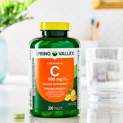 Spring Valley Vitamin C Dietary Supplement, Tropical Fruit, 500 mg, 200 Count, Chewable Tablets for Immune Health