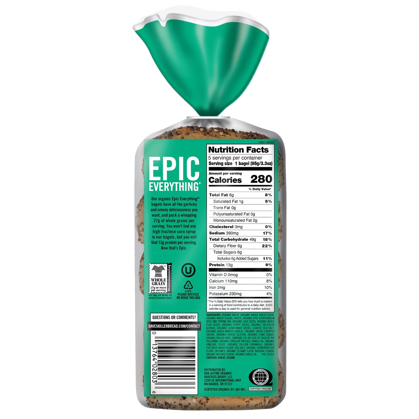 Dave's Killer Bread Epic Everything Bagels, Organic Bagels, 27g Whole Grains per Bagel, 5 Count