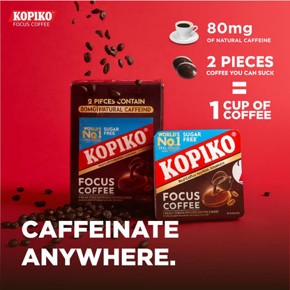 Kopiko Focus Coffee Candy – Sugar-Free, Caffeinated Hard Candy for Energy & Mental Focus – 12 Candy Pack