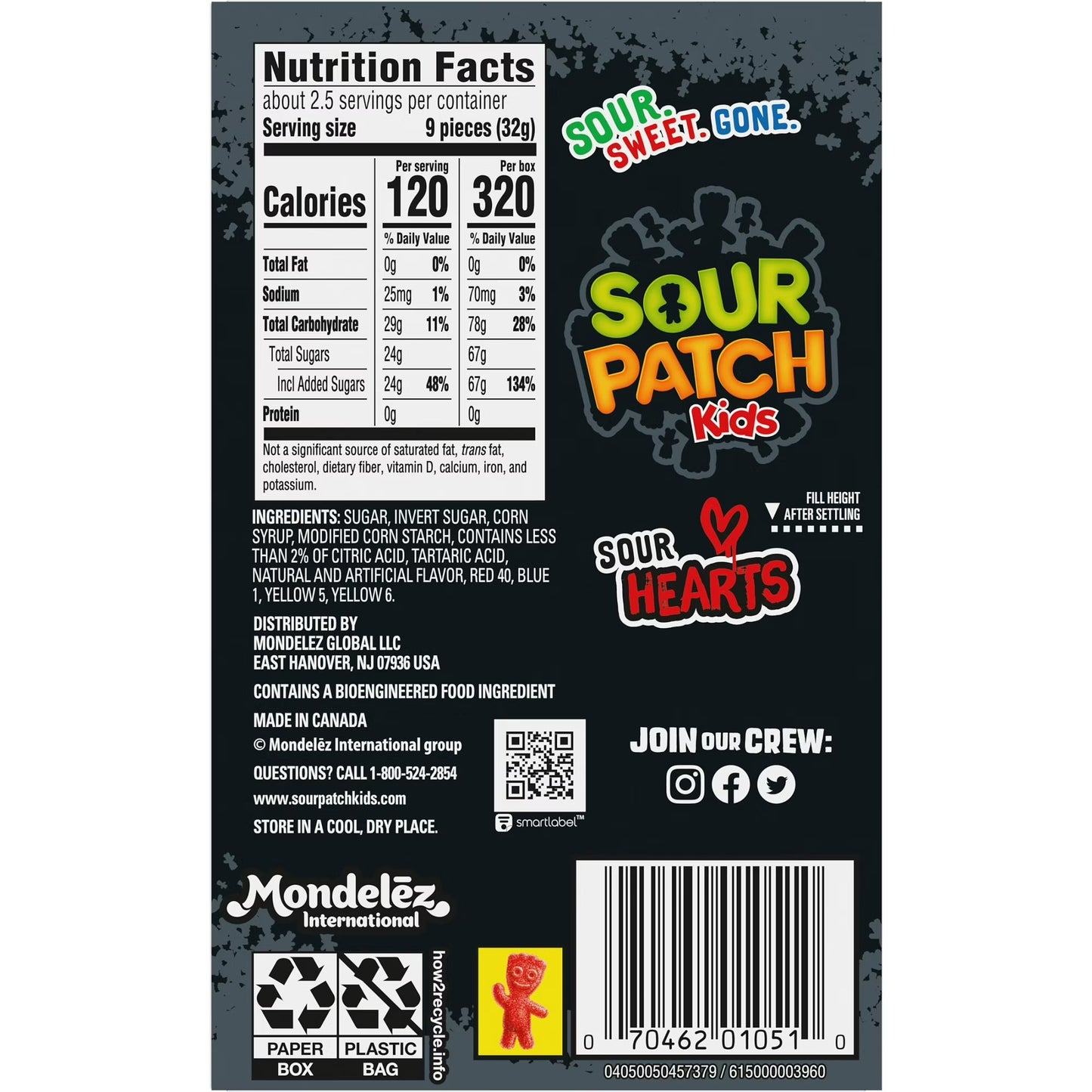 SOUR PATCH KIDS Sour Hearts Black Raspberry Soft & Chewy Candy, Valentines Candy, 3.08 oz