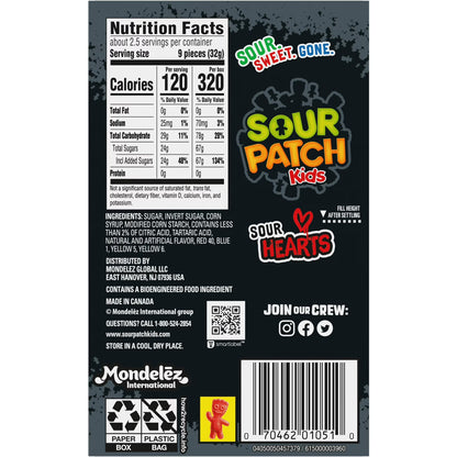 SOUR PATCH KIDS Sour Hearts Black Raspberry Soft & Chewy Candy, Valentines Candy, 3.08 oz