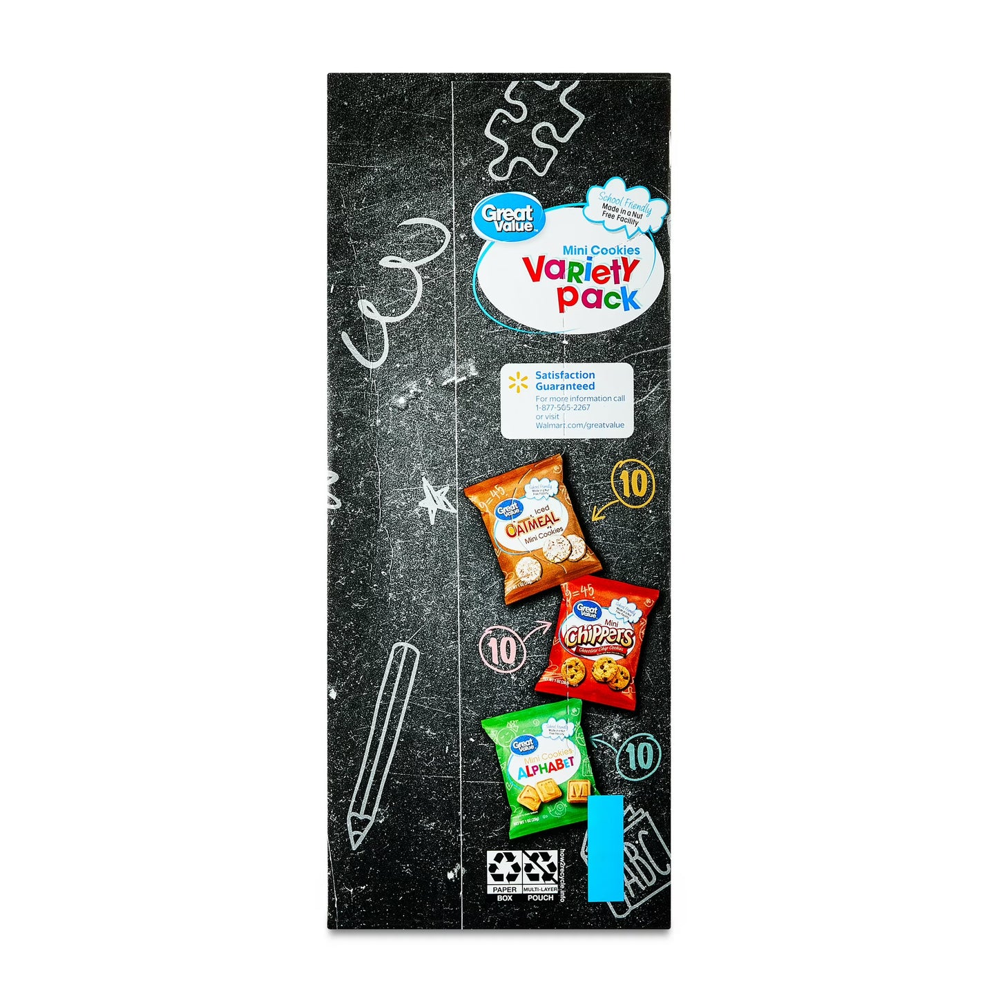 Great Value Mini Alphabet, Chippers & Oatmeal Cookies Variety Pack, 1 oz, 30 Snack Packs