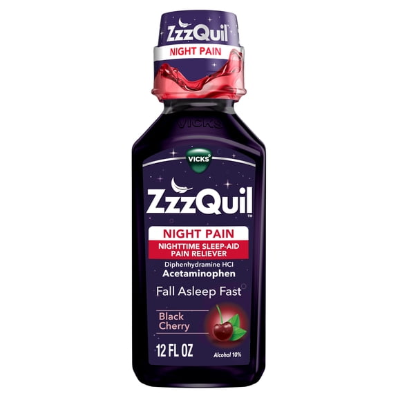 ZzzQuil Liquid Pain Reliever, Acetaminophen 1000mg, Diphenhydramine 50mg HCI, Black Cherry Flavor, 12 fl oz