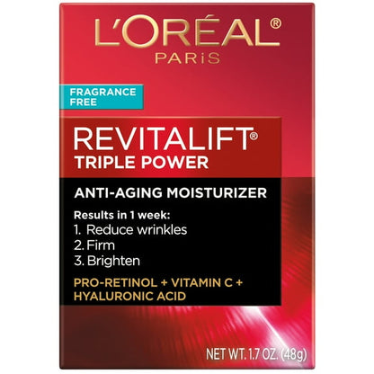 L'Oreal Paris Revitalift Triple Power Anti-Aging Face Moisturizer, Fragrance Free, Pro Retinol, Hyaluronic Acid & Vitamin C to Reduce Wrinkles, Firm & Brighten Skin, Unscented Cream, 1.7 oz