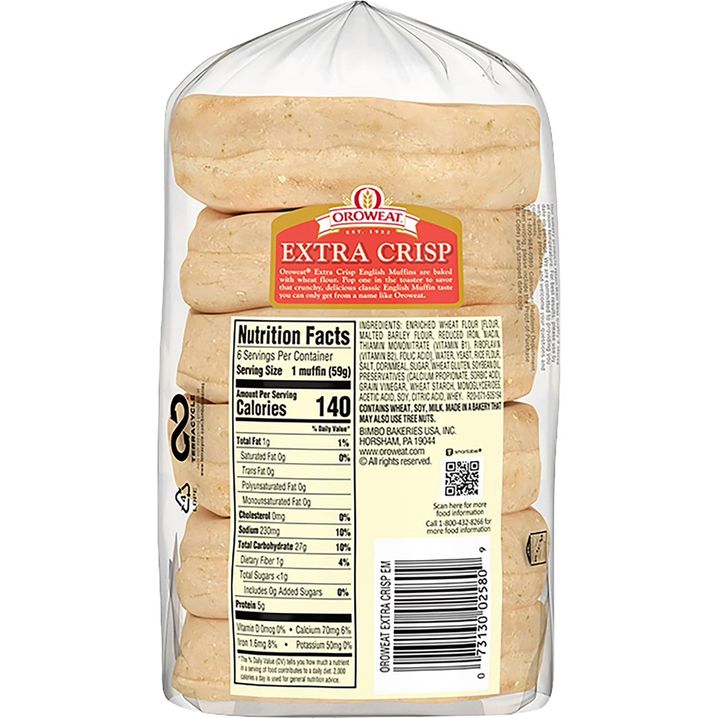 Oroweat Extra Crisp English Muffins, 6 count, Plain English Muffins, 12.5 oz Bag