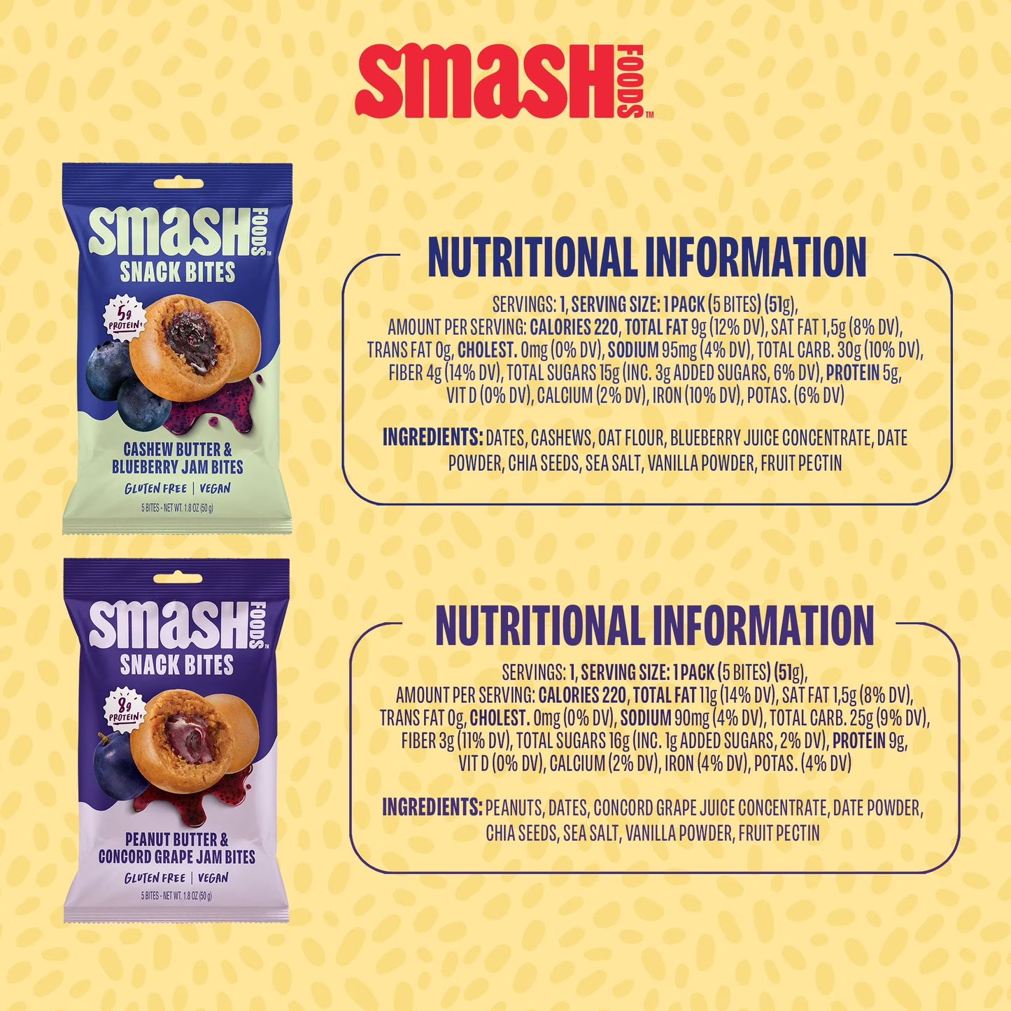 Smash Foods Gluten-Free Vegan Snack Bites (Variety), Protein & Energy, 8-Pack