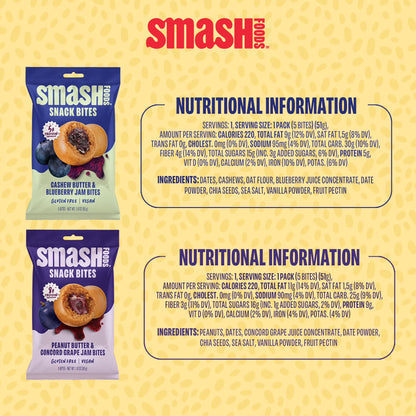 Smash Foods Gluten-Free Vegan Snack Bites (Variety), Protein & Energy, 8-Pack