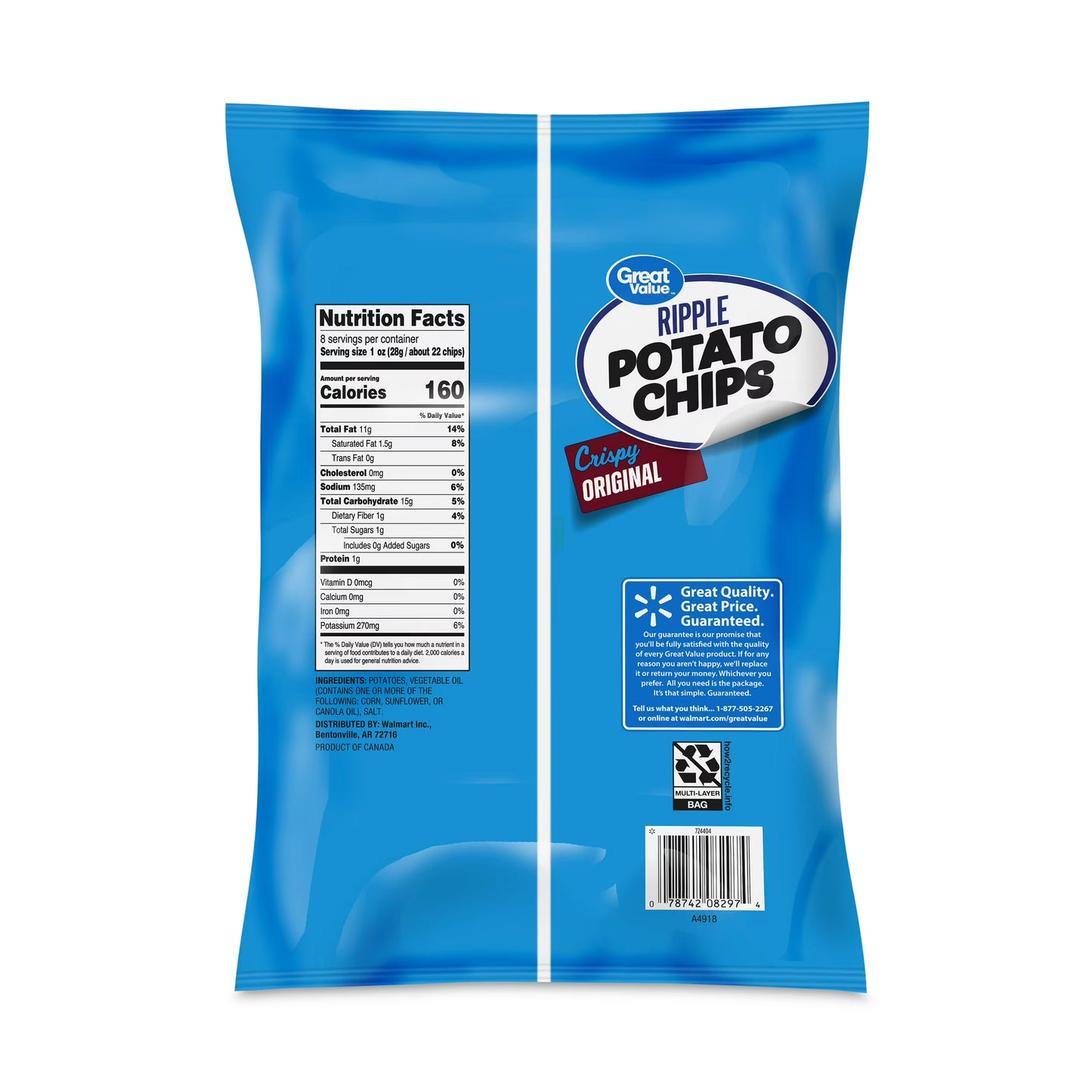 Great Value Original Rippled Potato Chips, 8 oz