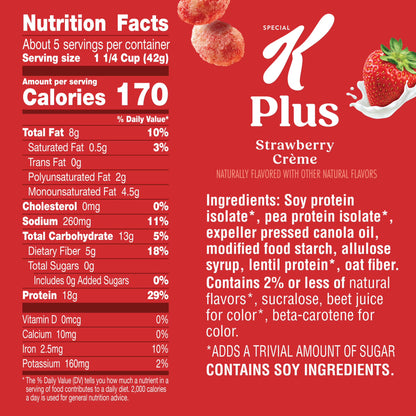 Kellogg's Special K Plus Strawberry Creme High Protein Zero Added Sugar Cereal Box, 8.1 oz