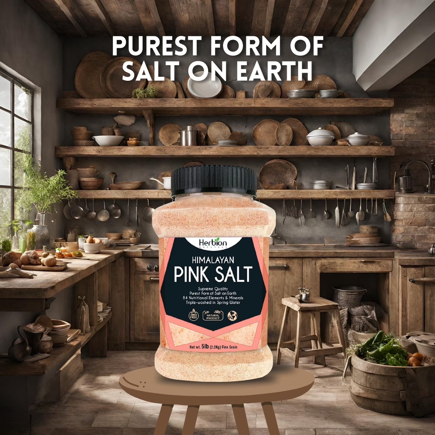 Herbion Himalayan Pink Salt, Fine Grain, 5 lb (2.2 Kg) Jar, All-Natural, Vegan, Kosher Certified, Triple-Washed