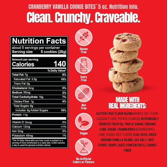 Every Body Eat Crunchy Cookie Bites, Cranberry Vanilla - Gluten Free, Dairy Free, Vegan, Seed Oil Free, Allergy Friendly (5 Ounce Pack of 3)