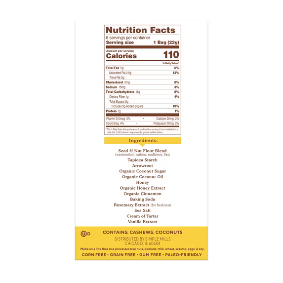 Simple Mills Honey Cinnamon Seed & Nut Flour Sweet Thins Snack Packs, 0.8 oz, Pack of 8