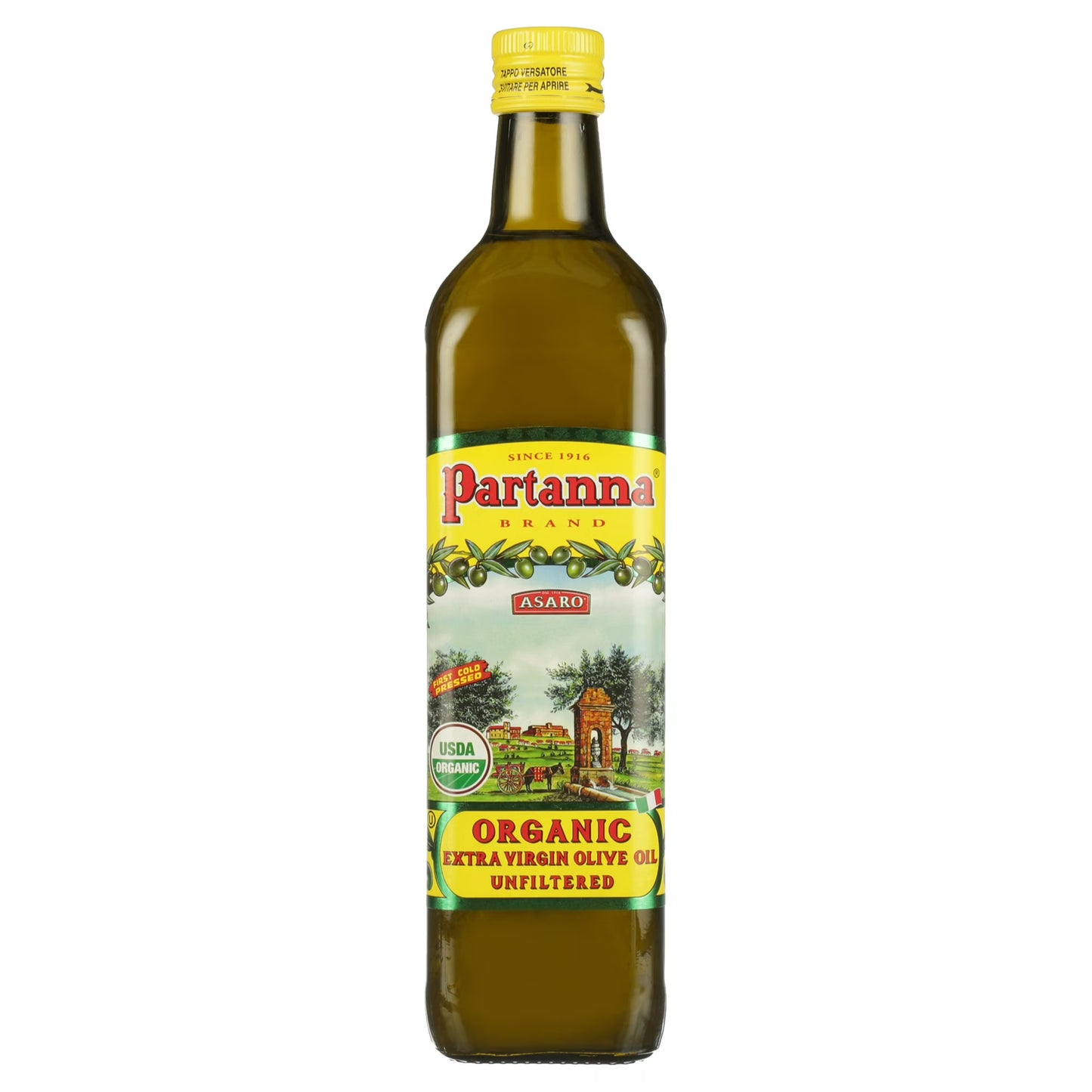 Partanna Organic Extra Virgin Olive Oil - Premium 100% Castelvetrano Oil - High Polyphenol - First Cold Pressed - Early Harvest in Sicily - Award Winning Italian EVOO -Monovarietal - 25.5oz (750 ML)
