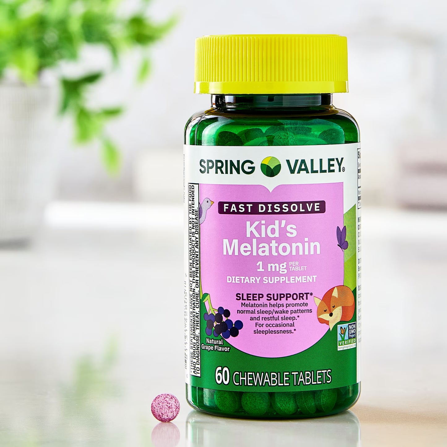 Spring Valley Kids Melatonin Chewable Tablets Sleep Support Dietary Supplement, Grape Flavor, 1 mg, 60 Count