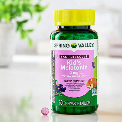 (3 pack) Spring Valley Kids Melatonin Chewable Tablets Sleep Support Dietary Supplement, Grape Flavor, 1 mg, 60 Count