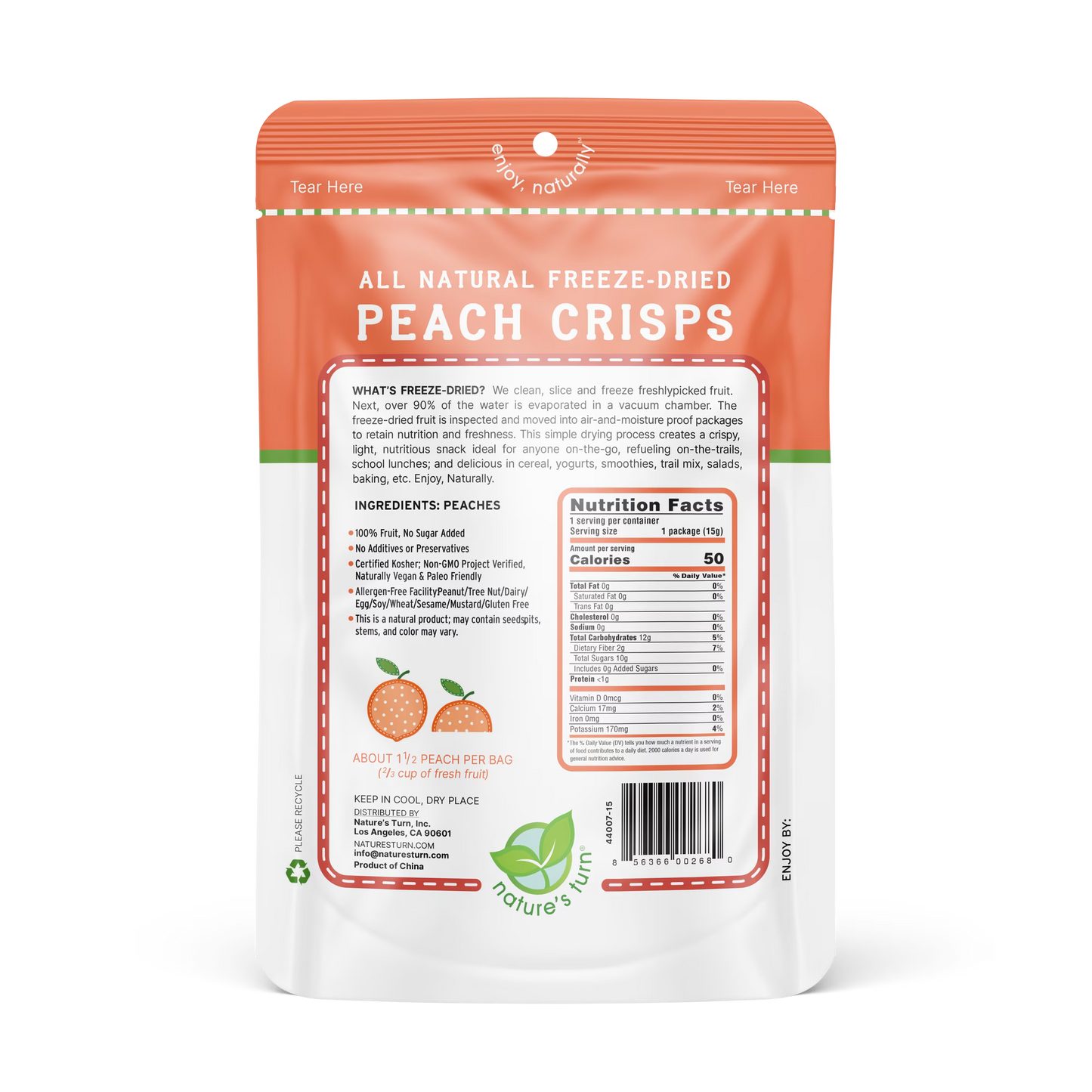 Nature’s Turn Freeze-Dried Peach Crisps, No Added Sugar, Healthy Natural Fruit Crisp Snack for School Lunches, 6 Pack (0.53 oz Each)