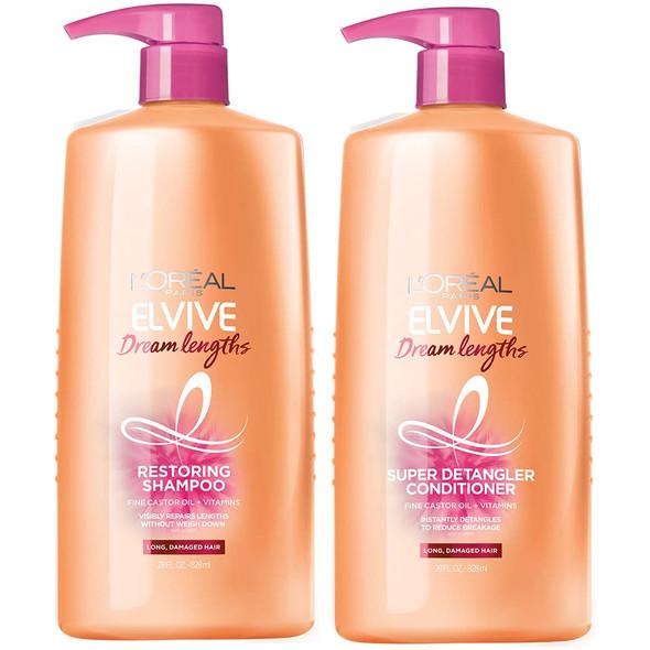 L'Oreal Paris Elvive Dream Lengths Restoring Shampoo and Detangler Conditioner Set with Castor Oil, 28 fl oz