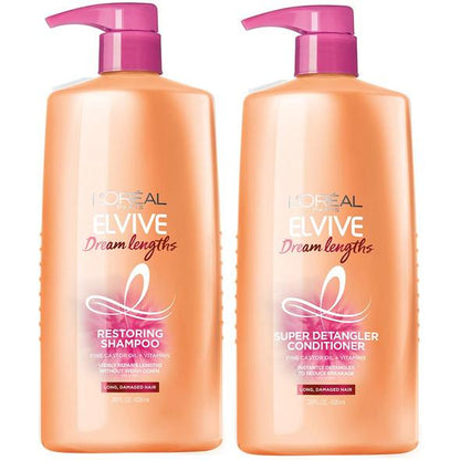 L'Oreal Paris Elvive Dream Lengths Restoring Shampoo and Detangler Conditioner Set with Castor Oil, 28 fl oz