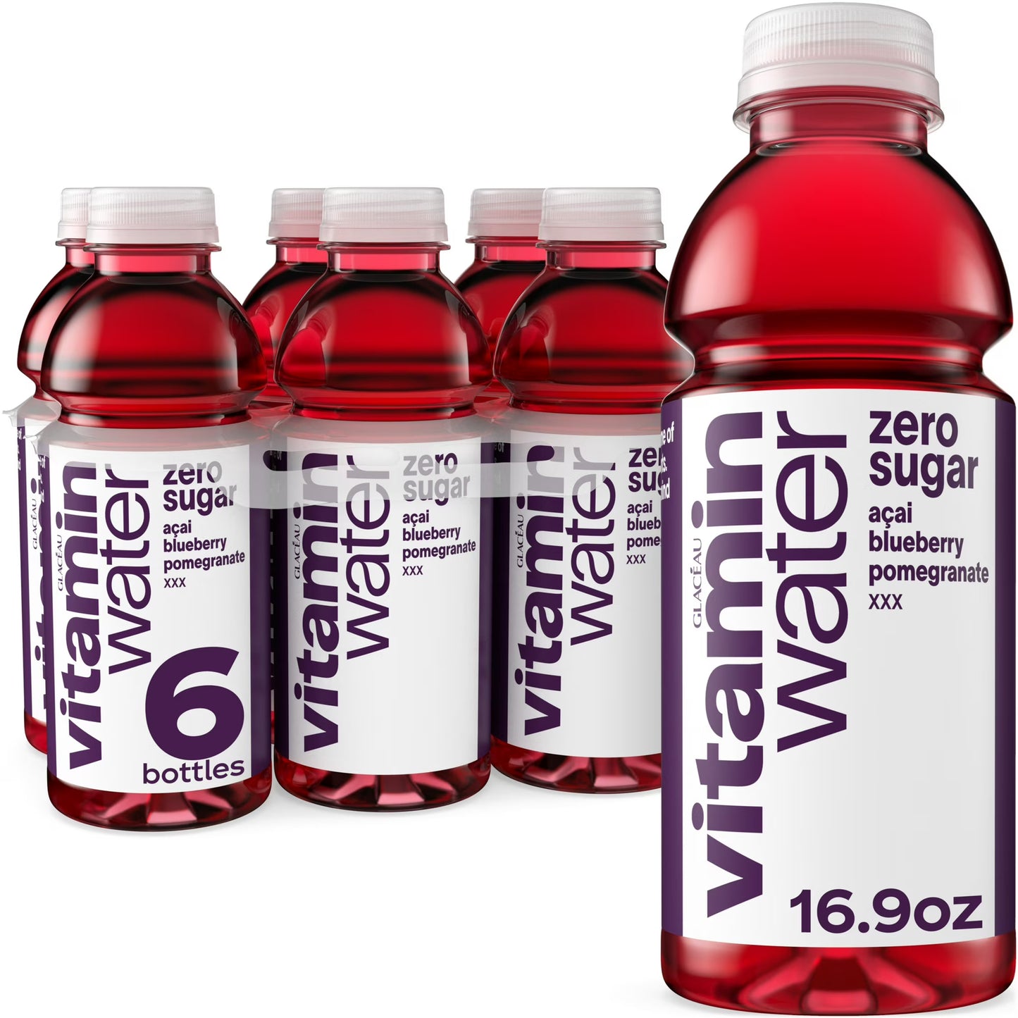 vitaminwater XXX Zero Sugar Acai-Blueberry-Pomegranate Water Beverage Bottles, 16.9 fl oz, 6 Pack